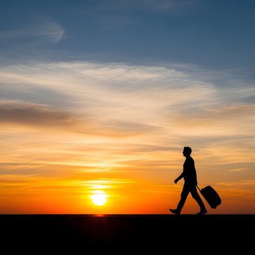 Silhouette of person walking with suitcase at sunset