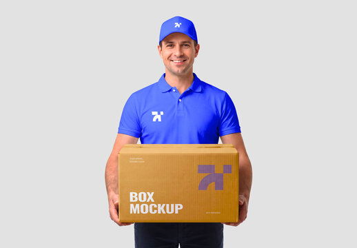 Man Holding Cardboard Box Packaging Mockup