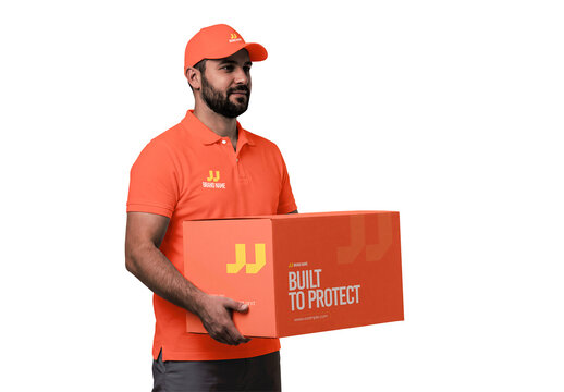 Delivery Man Holding Shipping Box Mockup