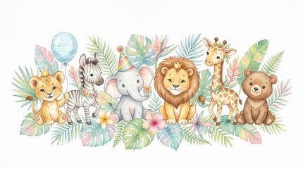 Fototapeta premium Cute Watercolor Safari Animals Birthday Party Illustration with Elephant Lion Giraffe Zebra and Tropical Leaves