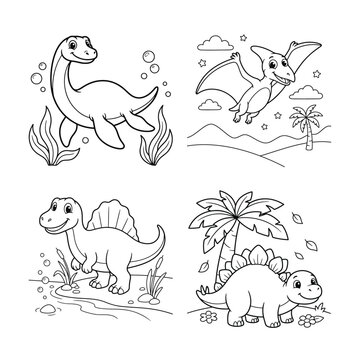 Dinosaur coloring page set for kids. Cute vector outline sketch of prehistoric reptiles. Happy plesiosaur, pterodactyl and stegosaurus animals. Lines for preschool education and activity book
