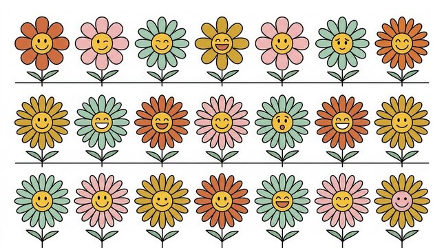 Retro 70s Style Daisy Flower Pattern with Cute Smiley Faces and Emoji Expressions on White Background