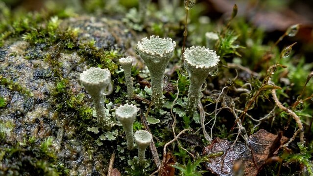 Tiny alien looking cup lichen growing on a damp forest rock macro