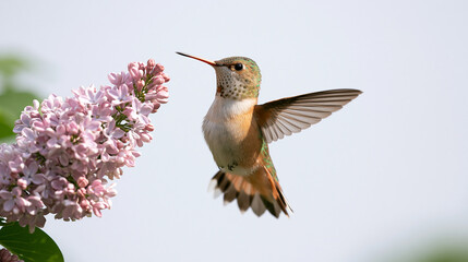 Fototapeta premium Delicate Garden Wildlife Scene with Hummingbird and Lilac