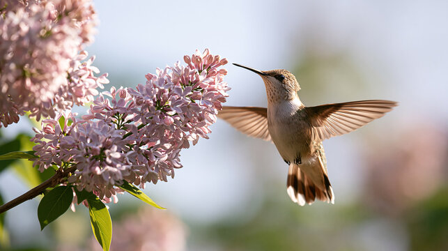 Wild Hummingbird Suspended in Flight by a Blooming Branch