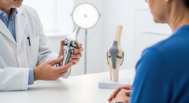 Doctor explaining knee implant model to patient, showing prosthesis options for joint replacement surgery and pain relief.
