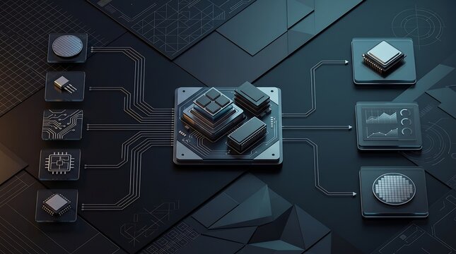 Complex electronic system blueprint with central processor and peripheral data chips on dark technical grid background for advanced hardware and software engineering visuals