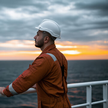 Seafarer wearing orange coverall and white helmet stands on ship deck, gazing at ocean during dramatic sunset, thoughtful mood