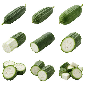 Fresh ridged gourd luffa collection featuring whole vegetables and various sliced pieces, isolated on a transparent background for food preparation and healthy cooking concepts.