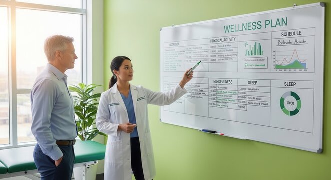 Doctor discusses wellness plan with patient, highlighting physical activity, mindfulness, and sleep schedule on whiteboard
