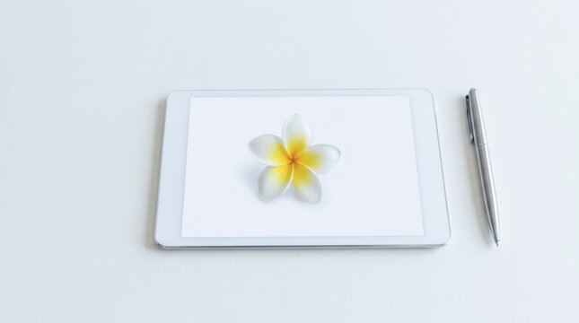 Workation desk with white tablet, silver stylus, and yellow flower illustration creating calm minimalist workspace