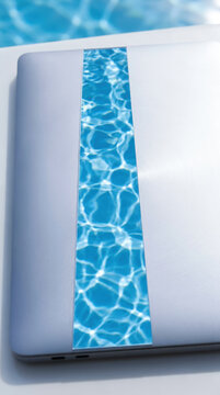 Workation laptop with swimming pool water reflection and sleek white design creating refreshing modern workspace