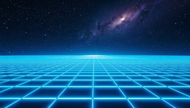 Futuristic neon grid landscape under a starry galaxy sky