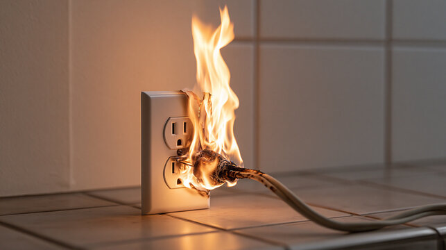 Home Fire Hazard Showing a Burning Wall Socket and Plug