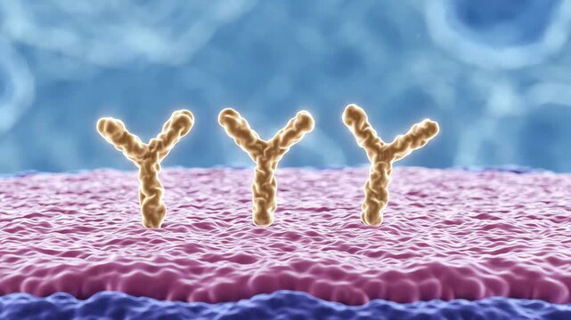 Antibody molecules slowly moving toward and gently attaching to a stable healthy tissue surface