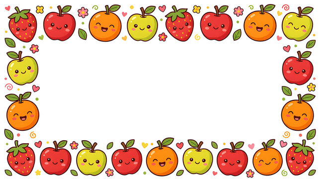 Cute fruit border with smiling strawberries, apples and oranges, playful kawaii graphic style, clean vector illustration, white background, no text