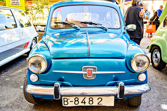 Santa Margherita de Montbui; May 23, 2026: Classic car exhibition, a gleaming green Seat 600
