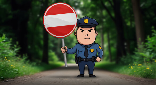 Police Officer Stands on Road Holding Stop Sign
