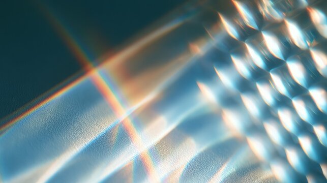 Abstract macro shot of light passing through structured medium, soft light grid on pale blue surface, diagonal rainbow spectrum streak, blurred rounded bright squares with cyan borders, dreamlike ethe