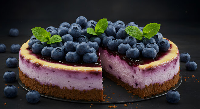 Blueberry Cheesecake Cake on Dark Surface