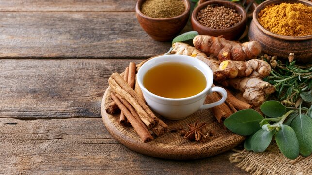 Golden Turmeric Tea with Spices and Fresh Ingredients on Rustic Wooden Table