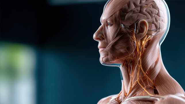 Human anatomy model side view showing detailed muscle, nerve, and brain structure, medical education, scientific, realistic, focused