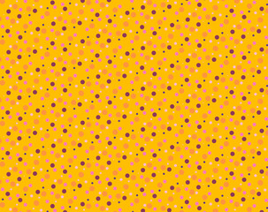 Simple geometric, polka dot pattern Mixed multi-colored small polka dots, circles, confetti on a yellow background Retro style Bright festive, minimalistic, flat silhouette design © Olga