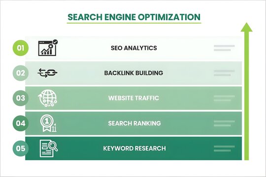 Search engine optimization process infographic with five steps