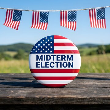 A large circular button with the words "MIDTERM ELECTION" in blue text, set against a backdrop of American flags strung on a clothesline.