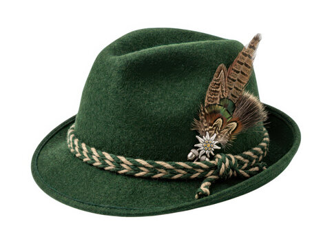 Traditional dark green wool felt alpine hat with a decorative feather and cord