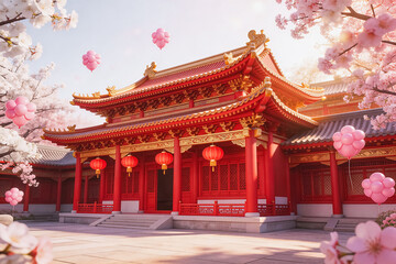 Obraz premium Traditional Chinese Building With Cherry Blossoms And Red Lanterns