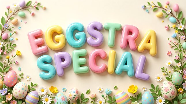 Eggstra special text with colorful easter eggs and flowers