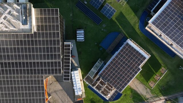 Multiple Solar Panel Technologies at a Renewable Energy Research and Innovation Facility in Florian&oacute;polis, Brazil. Aerial View.