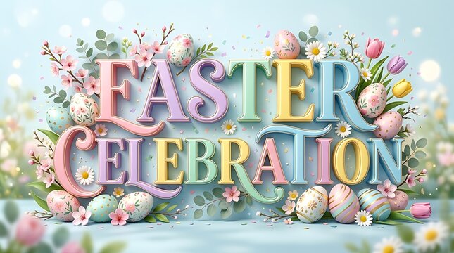 Colorful easter celebration text with spring flowers and eggs
