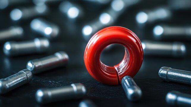 Red toroidal component stands among metallic capsules on a dark surface to represent industrial electronic concepts.