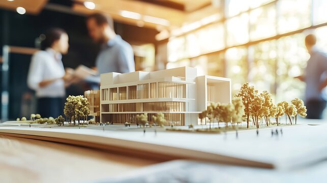 Architectural model of a modern office building on a desk with blurred professional team working in the bright background setting