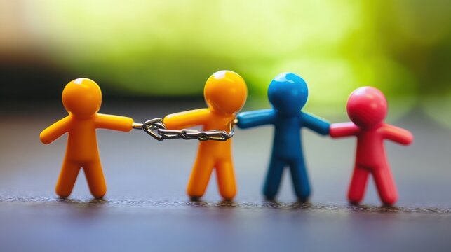 Plastic figures of different colors stand connected by metal links to symbolize unity and organizational teamwork.