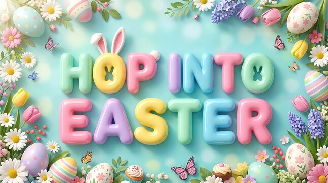 Hop into easter text with colorful flowers and eggs