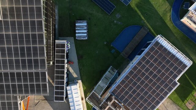 Multiple Solar Panel Technologies at a Renewable Energy Research and Innovation Facility in Florian&oacute;polis, Brazil. Aerial View.