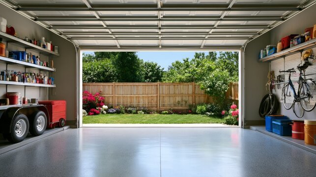 Freshly Designed Garage Interior with View of Lush Backyard and Organized Storage Solutions