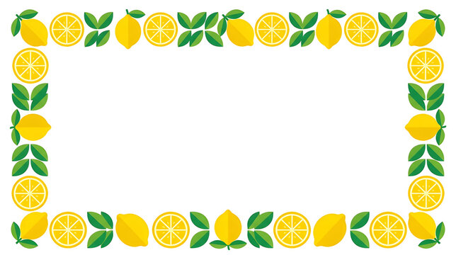 Minimal lemon border with whole and sliced lemons and green leaves, clean geometric vector design, pure white background, no text
