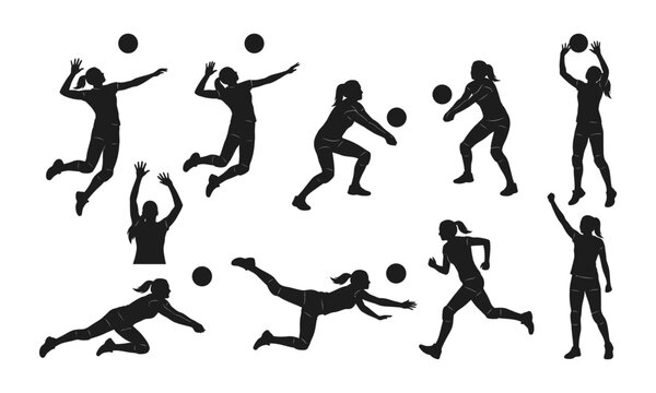 A collection of black silhouettes showing various athletic poses and actions performed by players in women volleyball games