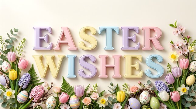 Easter wishes text with colorful spring flowers and eggs