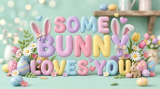 Some bunny loves you easter text with flowers and eggs