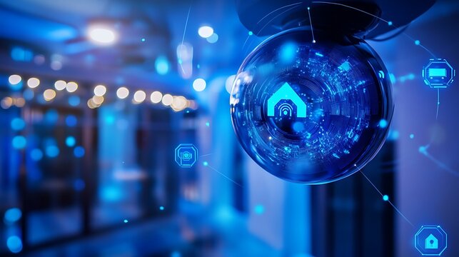 Smart security camera system monitoring modern residential home automation with glowing blue digital interface icons and futuristic networking light effects