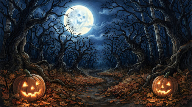Spooky halloween night background with glowing jack o lanterns in a dark forest under a full moon