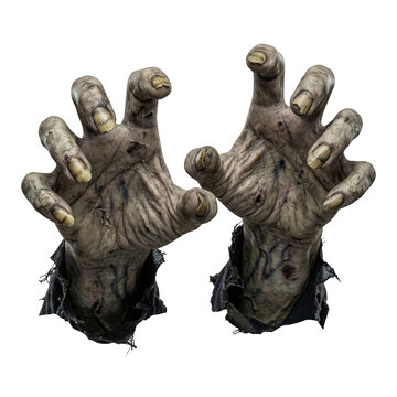 Pair of scary zombie hands reaching out with dirty skin and long sharp nails