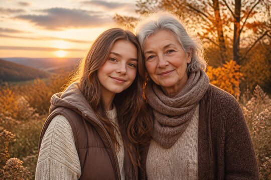 Grandmother and granddaughter smiling together at autumn sunset