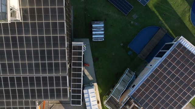 Multiple Solar Panel Technologies at a Renewable Energy Research and Innovation Facility in Florian&oacute;polis, Brazil. Aerial View.