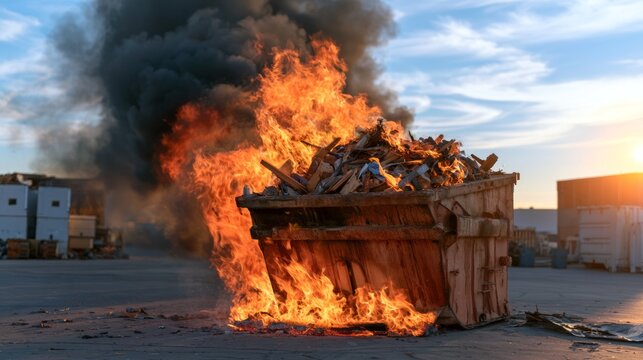 Blaze of Flames Erupting from a Dumpster in an Emergency Situation at Sunset